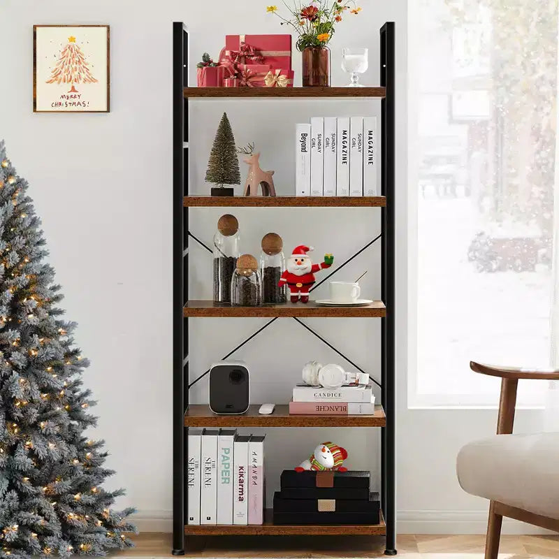 TUYOHW 5-Tier Narrow Bookshelf,Metal & Wood Bookcase with Anti-Tip Kit & Waterproof Shelves,Book Shelves for Bedroom,Living Room,Home Office
