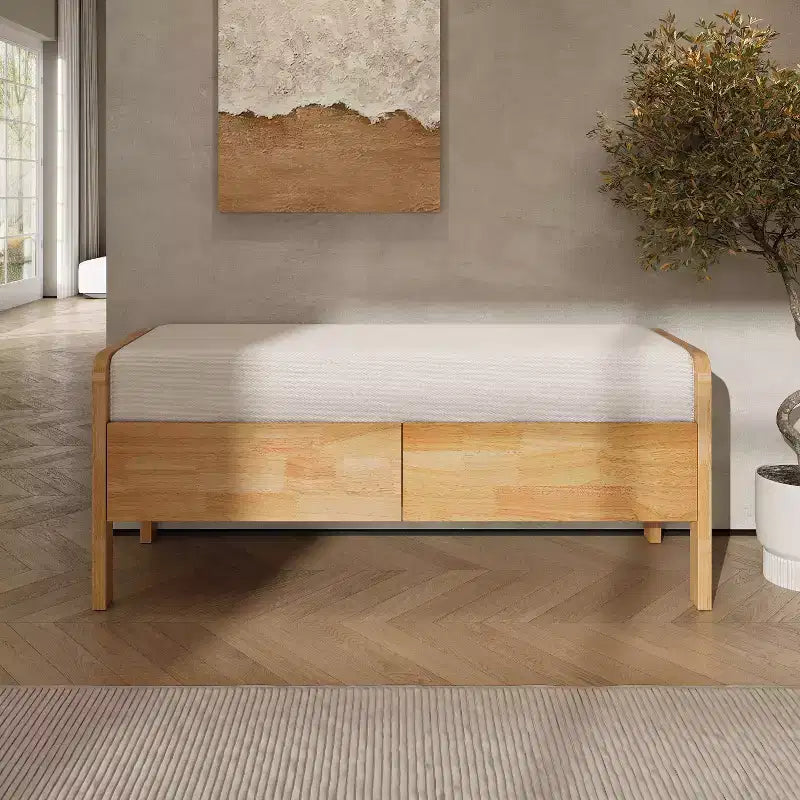 TUYOHW Upholstered Storage Ottoman Bench,Ottoman with Drawers,Soft Beige Cushion,Rattan Sides,Rubberwood Legs,Bench for Living Room,Bedroom,Entryway