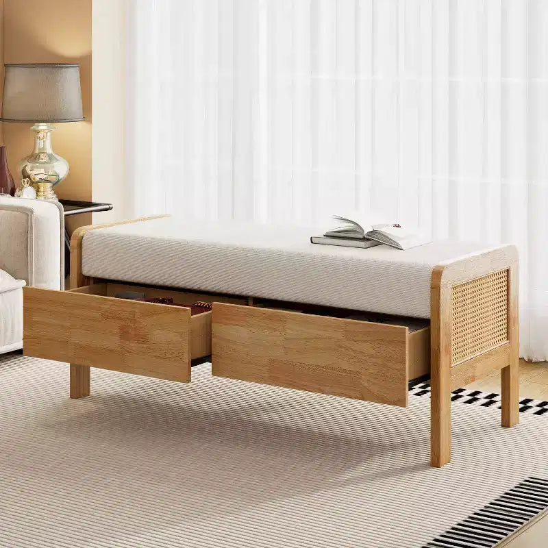 TUYOHW Upholstered Storage Ottoman Bench,Ottoman with Drawers,Soft Beige Cushion,Rattan Sides,Rubberwood Legs,Bench for Living Room,Bedroom,Entryway