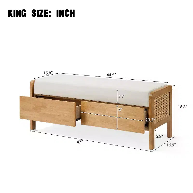 TUYOHW Upholstered Storage Ottoman Bench,Ottoman with Drawers,Soft Beige Cushion,Rattan Sides,Rubberwood Legs,Bench for Living Room,Bedroom,Entryway