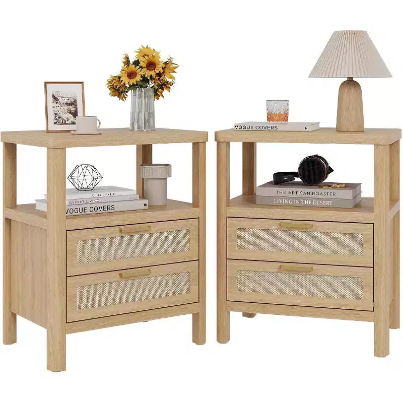 Nightstands Set of 2, 20 Inch Light Oak Bedside Tables with Rounded Corners, 2-Tier Storage with Drawer and Open Shelf for Bedroom