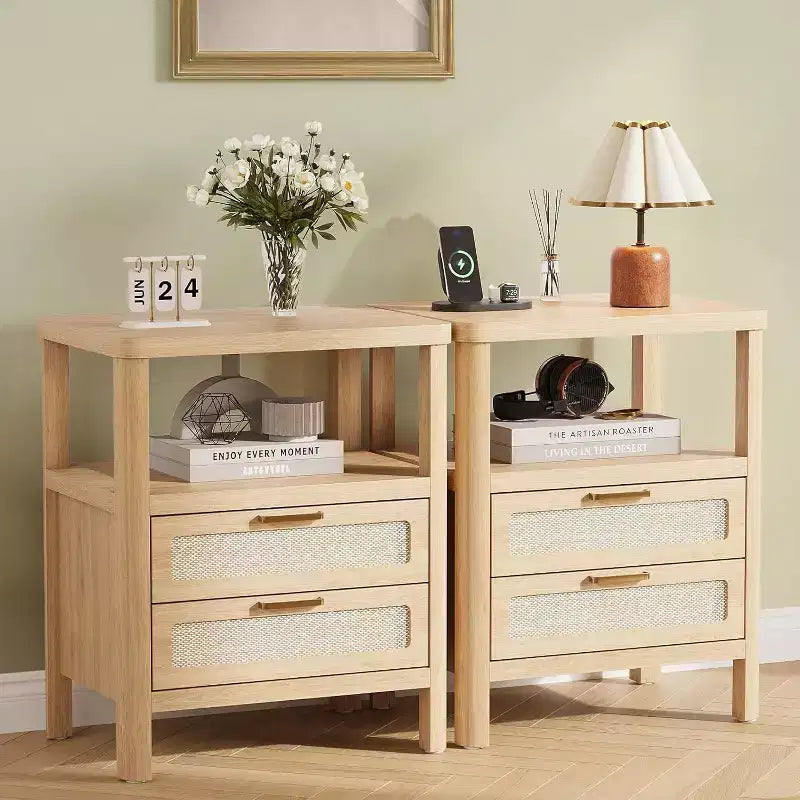 Nightstands Set of 2, 20 Inch Light Oak Bedside Tables with Rounded Corners, 2-Tier Storage with Drawer and Open Shelf for Bedroom