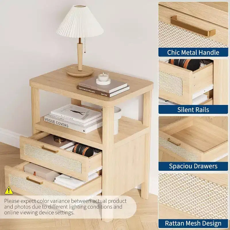 Nightstands Set of 2, 20 Inch Light Oak Bedside Tables with Rounded Corners, 2-Tier Storage with Drawer and Open Shelf for Bedroom