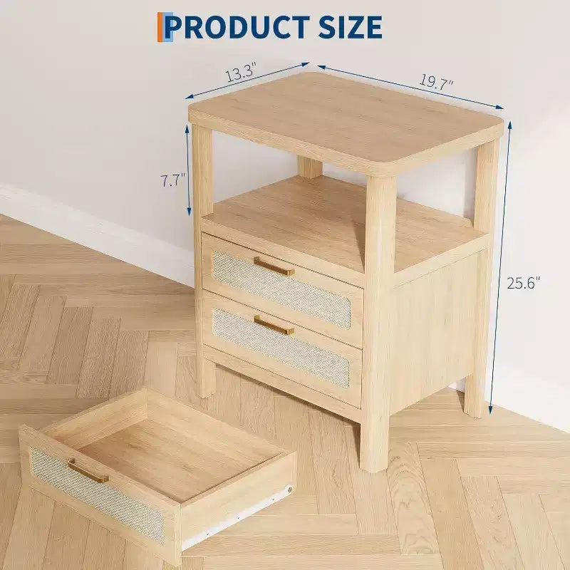 Nightstands Set of 2, 20 Inch Light Oak Bedside Tables with Rounded Corners, 2-Tier Storage with Drawer and Open Shelf for Bedroom