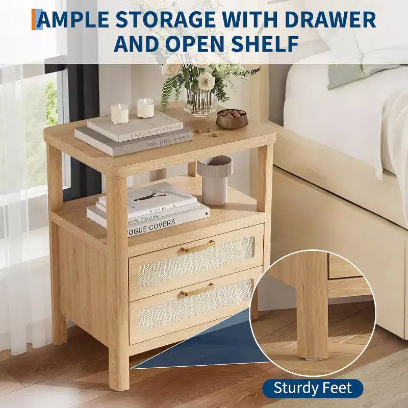 Nightstands Set of 2, 20 Inch Light Oak Bedside Tables with Rounded Corners, 2-Tier Storage with Drawer and Open Shelf for Bedroom