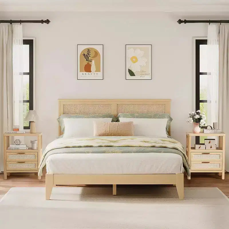 Nightstands Set of 2, 20 Inch Light Oak Bedside Tables with Rounded Corners, 2-Tier Storage with Drawer and Open Shelf for Bedroom