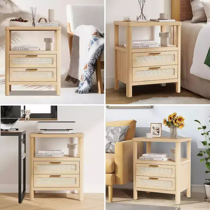 Nightstands Set of 2, 20 Inch Light Oak Bedside Tables with Rounded Corners, 2-Tier Storage with Drawer and Open Shelf for Bedroom
