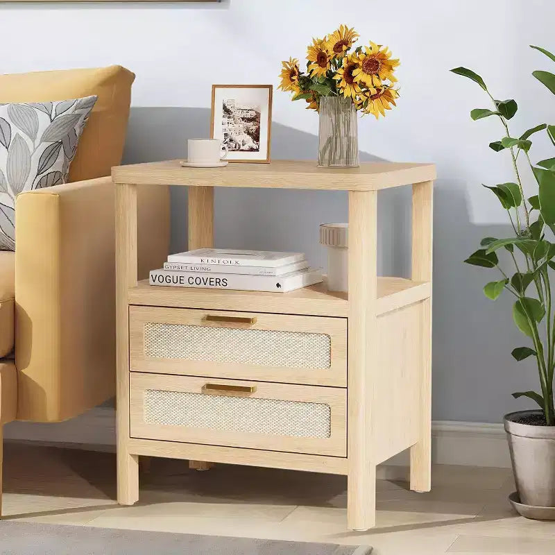 Nightstands Set of 2, 20 Inch Light Oak Bedside Tables with Rounded Corners, 2-Tier Storage with Drawer and Open Shelf for Bedroom