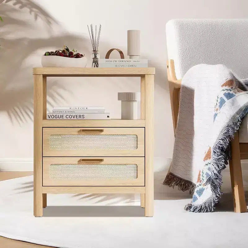 Nightstands Set of 2, 20 Inch Light Oak Bedside Tables with Rounded Corners, 2-Tier Storage with Drawer and Open Shelf for Bedroom