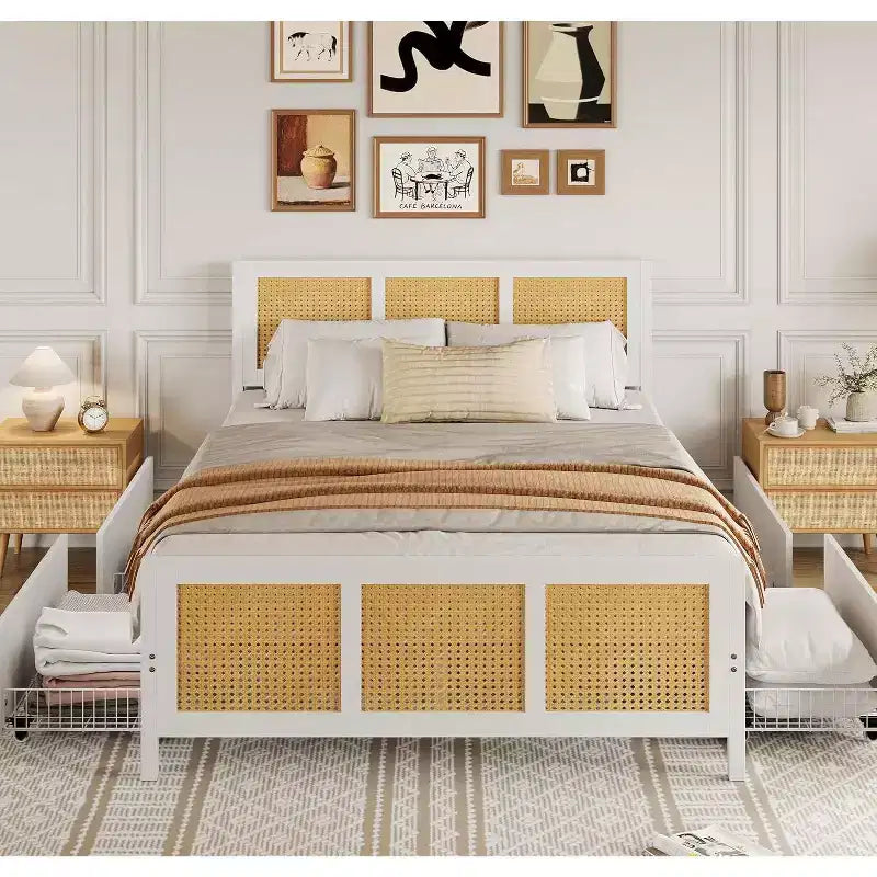 Acekool Boho Rattan Bed Frame with Headboard, No Box Spring Needed, Storage Space