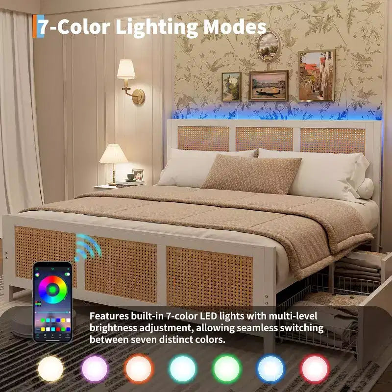 Acekool Boho Rattan Bed Frame with Headboard, No Box Spring Needed, Storage Space