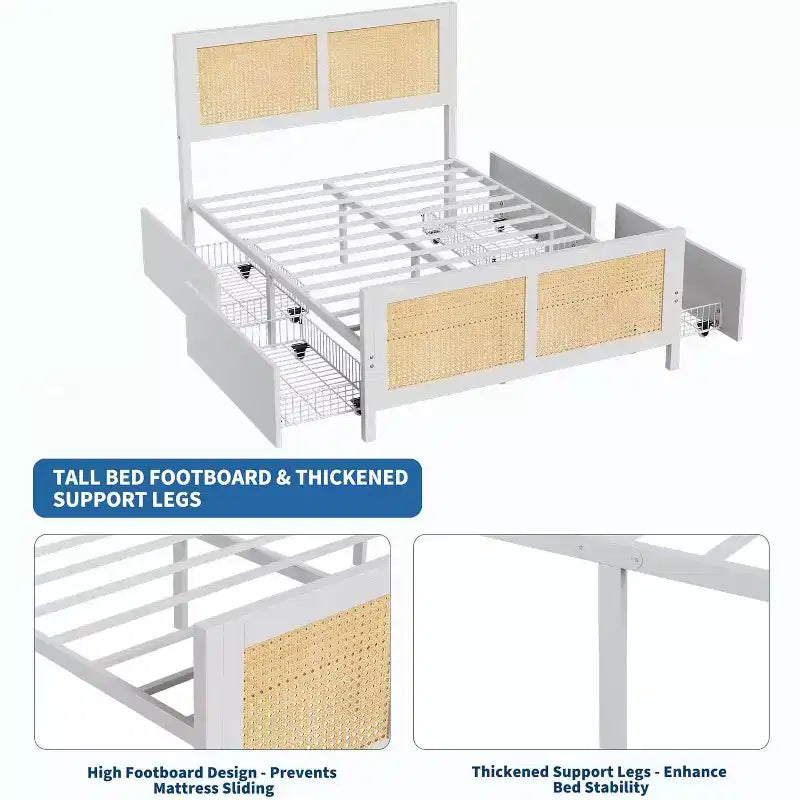 Acekool Boho Rattan Bed Frame with Headboard, No Box Spring Needed, Storage Space