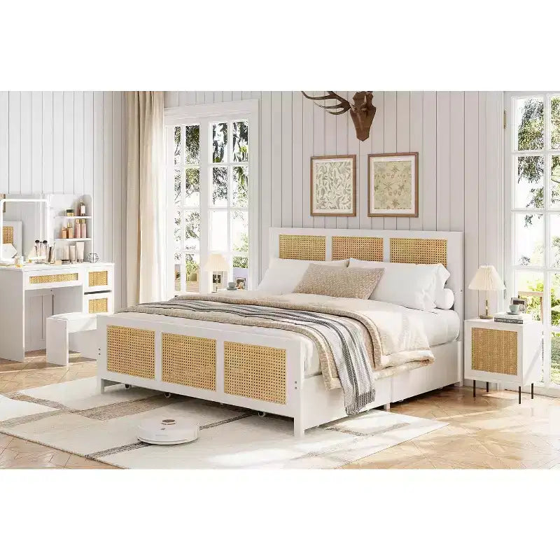 Acekool Boho Rattan Bed Frame with Headboard, No Box Spring Needed, Storage Space