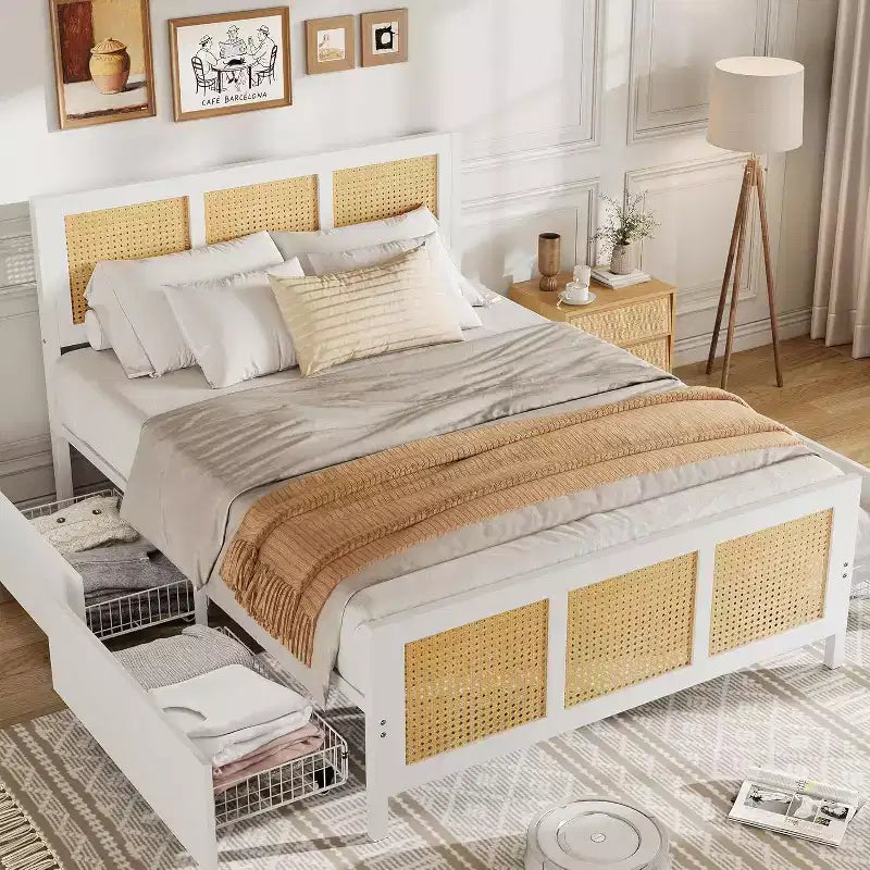 Acekool Boho Rattan Bed Frame with Headboard, No Box Spring Needed, Storage Space
