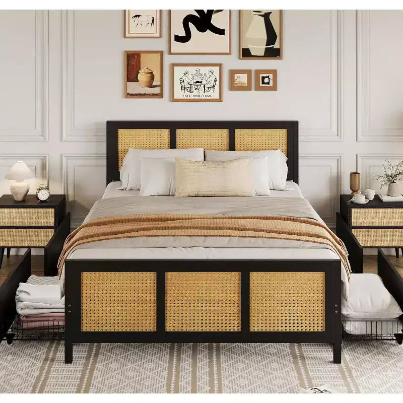 Acekool Boho Rattan Bed Frame with Headboard, No Box Spring Needed, Storage Space