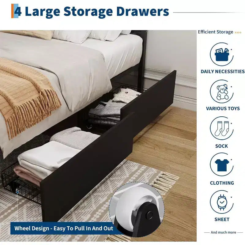 Acekool Boho Rattan Bed Frame with Headboard, No Box Spring Needed, Storage Space