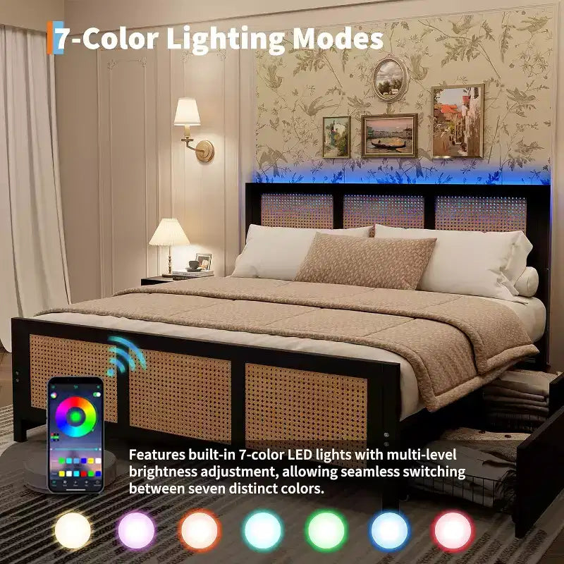 Acekool Boho Rattan Bed Frame with Headboard, No Box Spring Needed, Storage Space
