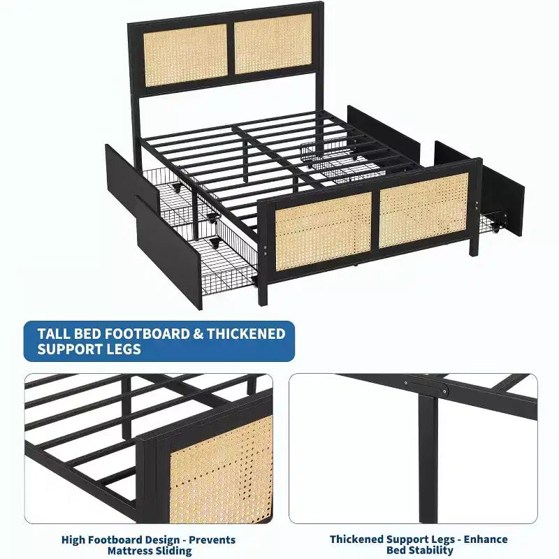 Acekool Boho Rattan Bed Frame with Headboard, No Box Spring Needed, Storage Space