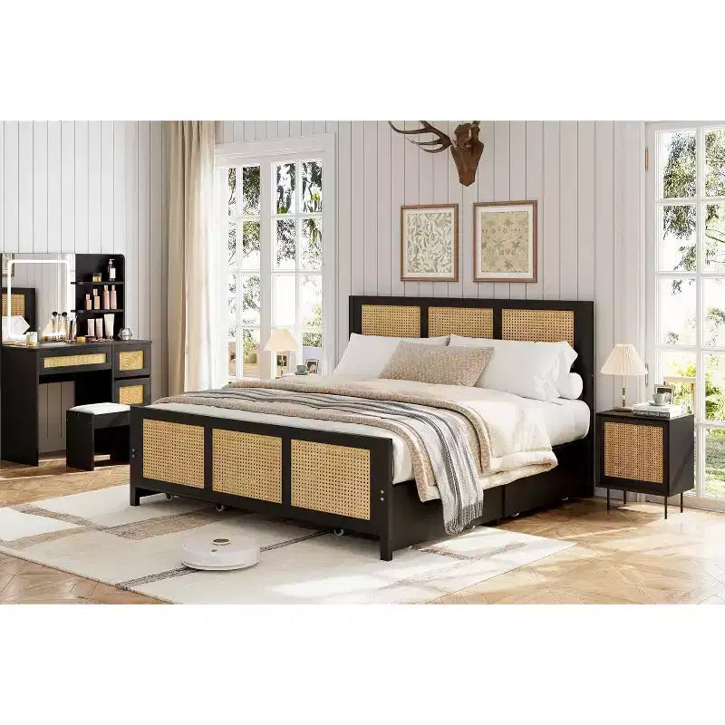 Acekool Boho Rattan Bed Frame with Headboard, No Box Spring Needed, Storage Space