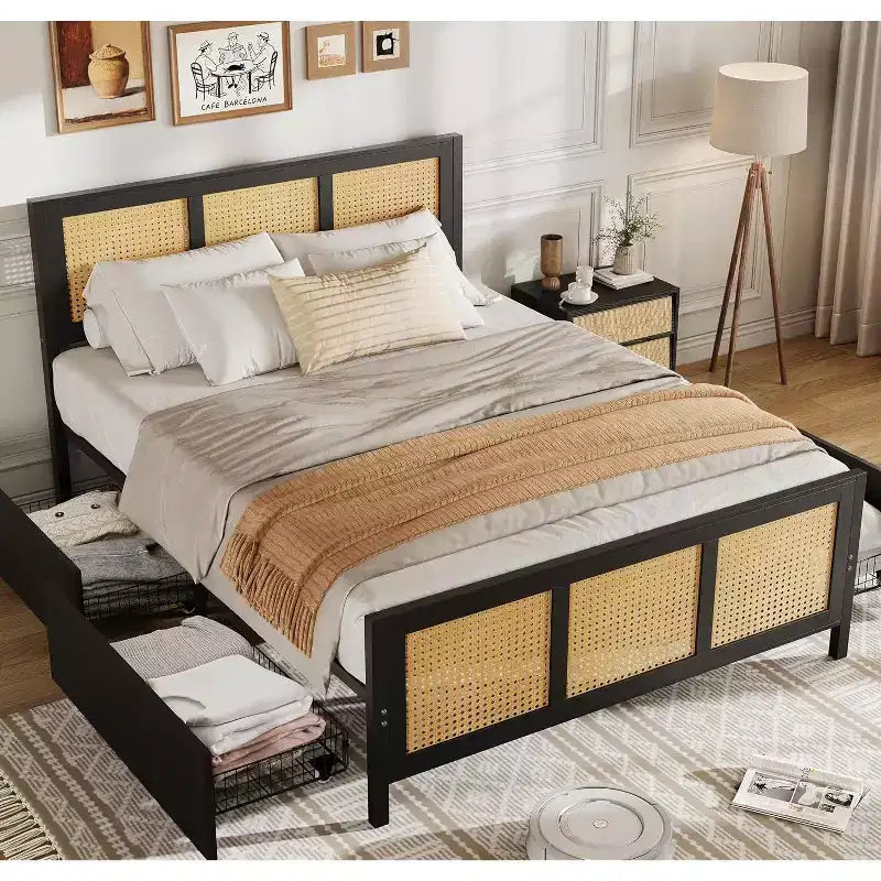 Acekool Boho Rattan Bed Frame with Headboard, No Box Spring Needed, Storage Space