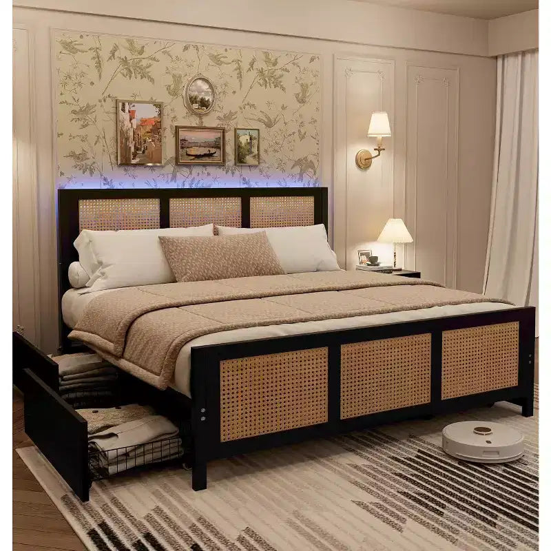 Acekool Boho Rattan Bed Frame with Headboard, No Box Spring Needed, Storage Space