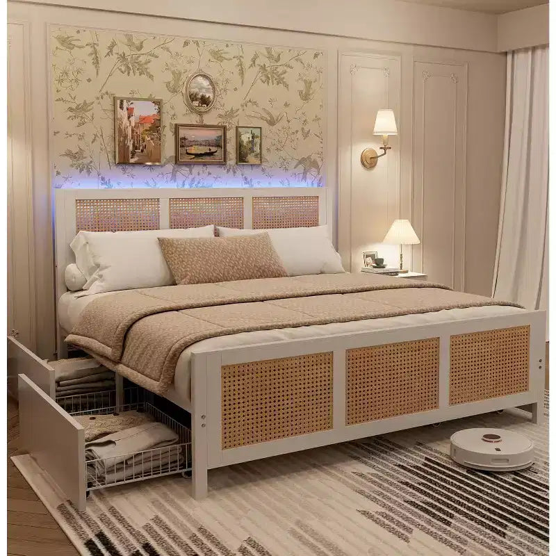 Acekool Boho Rattan Bed Frame with Headboard, No Box Spring Needed, Storage Space