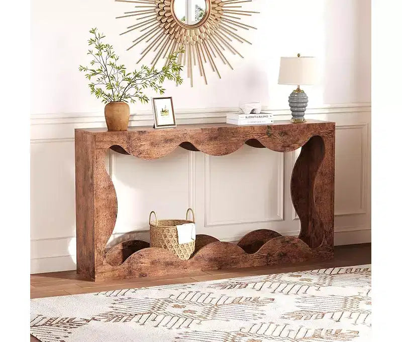 Farmhouse Console Table for Entryway, Slim Wood Scalloped Sofa Table Behind Couch with Storage Shelf, Rustic Hallway Furniture for Living Room
