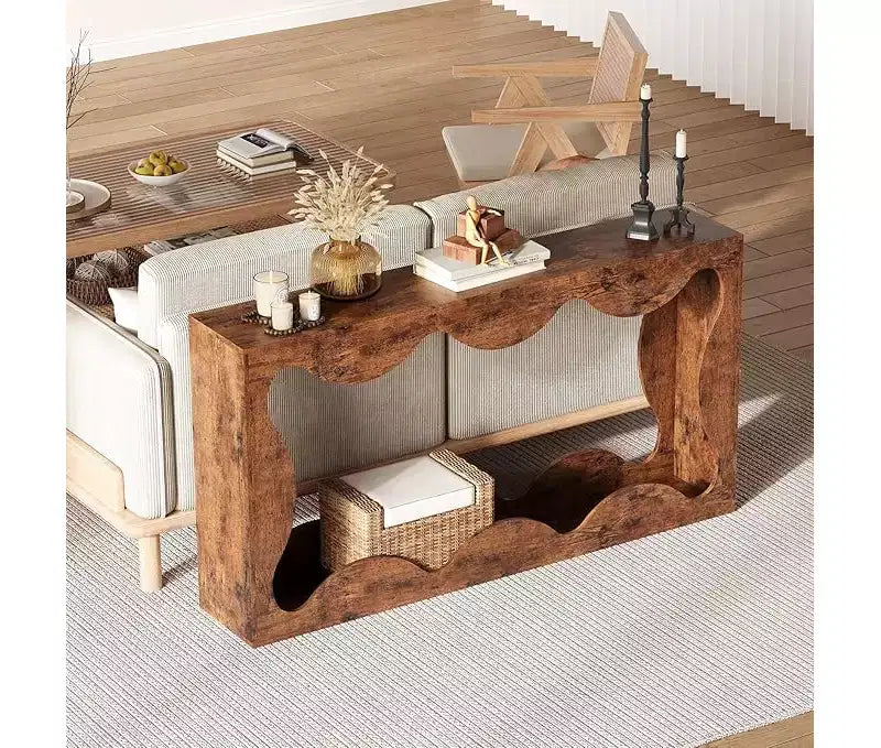 Farmhouse Console Table for Entryway, Slim Wood Scalloped Sofa Table Behind Couch with Storage Shelf, Rustic Hallway Furniture for Living Room