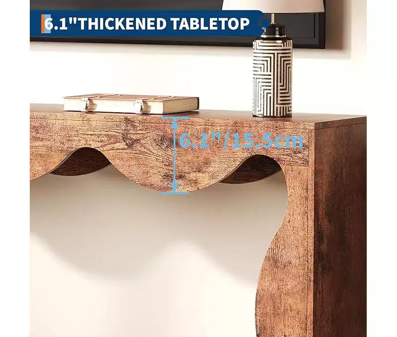Farmhouse Console Table for Entryway, Slim Wood Scalloped Sofa Table Behind Couch with Storage Shelf, Rustic Hallway Furniture for Living Room