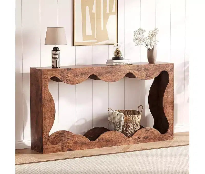 Farmhouse Console Table for Entryway, Slim Wood Scalloped Sofa Table Behind Couch with Storage Shelf, Rustic Hallway Furniture for Living Room