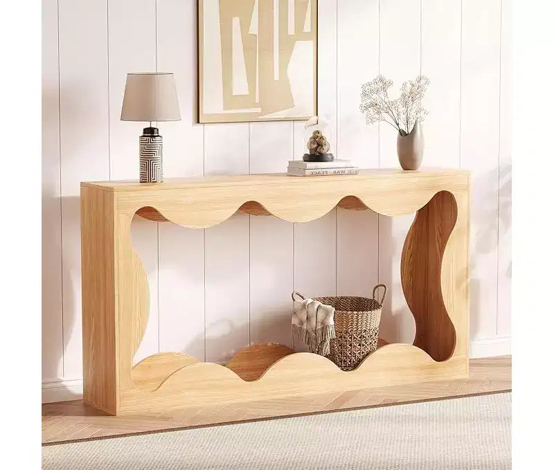 Farmhouse Console Table for Entryway, Slim Wood Scalloped Sofa Table Behind Couch with Storage Shelf, Rustic Hallway Furniture for Living Room
