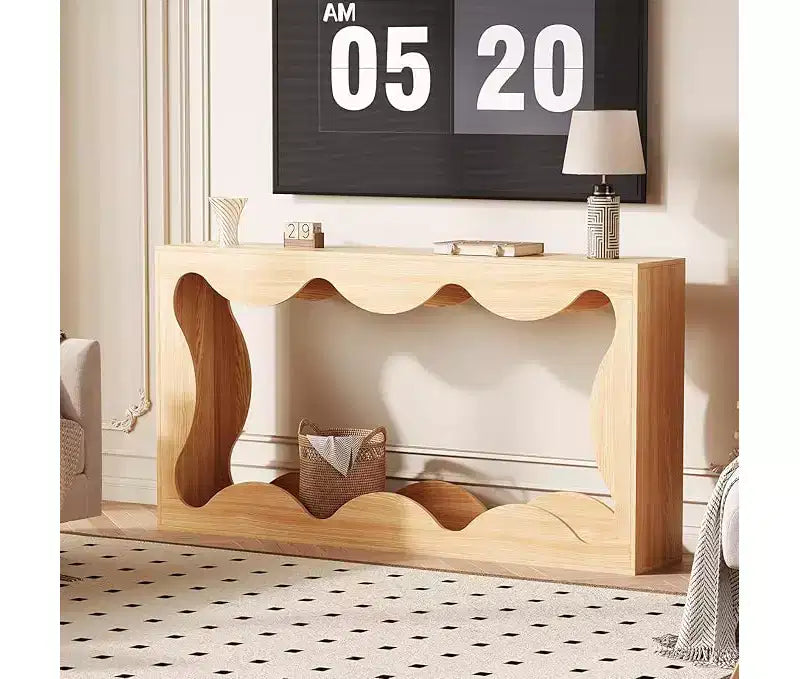Farmhouse Console Table for Entryway, Slim Wood Scalloped Sofa Table Behind Couch with Storage Shelf, Rustic Hallway Furniture for Living Room