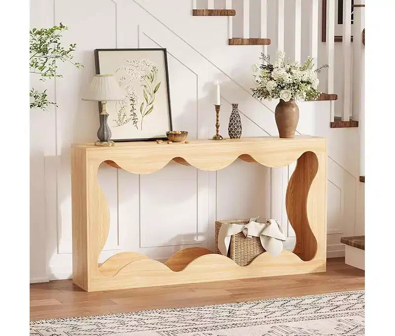 Farmhouse Console Table for Entryway, Slim Wood Scalloped Sofa Table Behind Couch with Storage Shelf, Rustic Hallway Furniture for Living Room