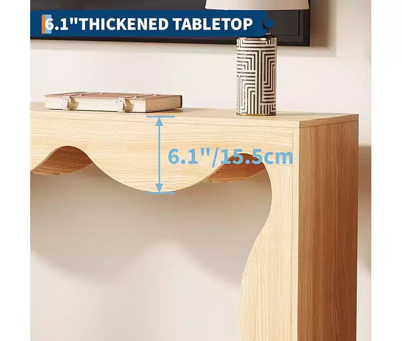 Farmhouse Console Table for Entryway, Slim Wood Scalloped Sofa Table Behind Couch with Storage Shelf, Rustic Hallway Furniture for Living Room