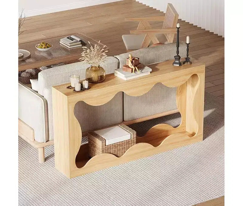 Farmhouse Console Table for Entryway, Slim Wood Scalloped Sofa Table Behind Couch with Storage Shelf, Rustic Hallway Furniture for Living Room