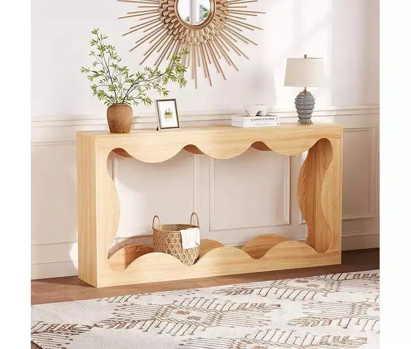 Farmhouse Console Table for Entryway, Slim Wood Scalloped Sofa Table Behind Couch with Storage Shelf, Rustic Hallway Furniture for Living Room