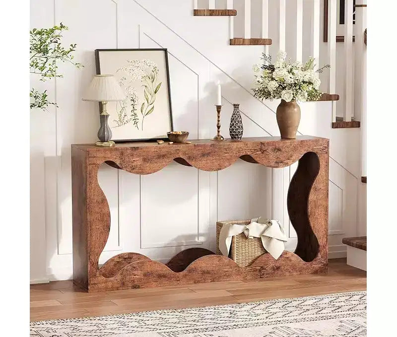 Farmhouse Console Table for Entryway, Slim Wood Scalloped Sofa Table Behind Couch with Storage Shelf, Rustic Hallway Furniture for Living Room