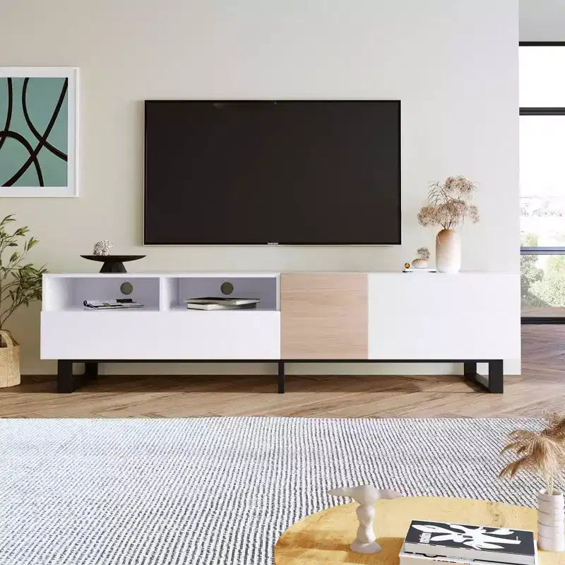 MAYEERTY TV Stand for 80 TV with Double Storage Space, Media Console Table, Entertainment Center with Drop Down Door for Living Room White