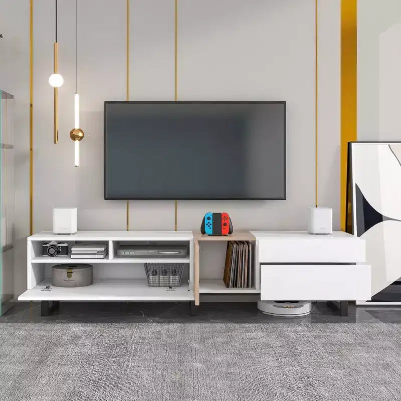 MAYEERTY TV Stand for 80 TV with Double Storage Space, Media Console Table, Entertainment Center with Drop Down Door for Living Room White