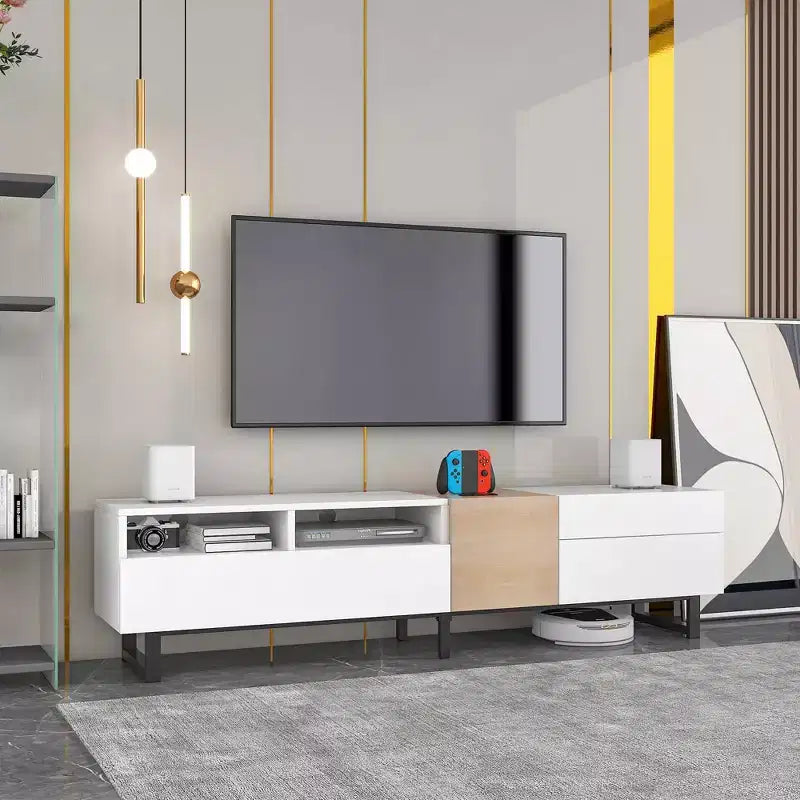 MAYEERTY TV Stand for 80 TV with Double Storage Space, Media Console Table, Entertainment Center with Drop Down Door for Living Room White