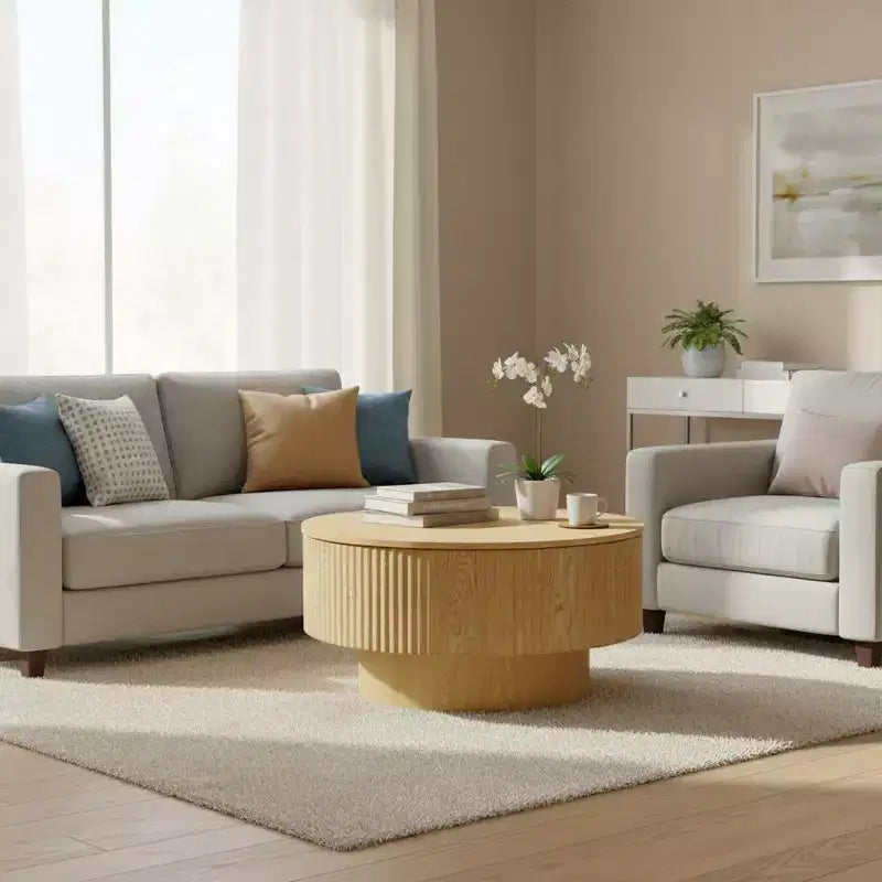 FurnitureR Round Coffee Table with Hidden Storage, 29.5 MDF Wood Accent Table with Removable Top, Modern Living Room Center Table for Small Spaces