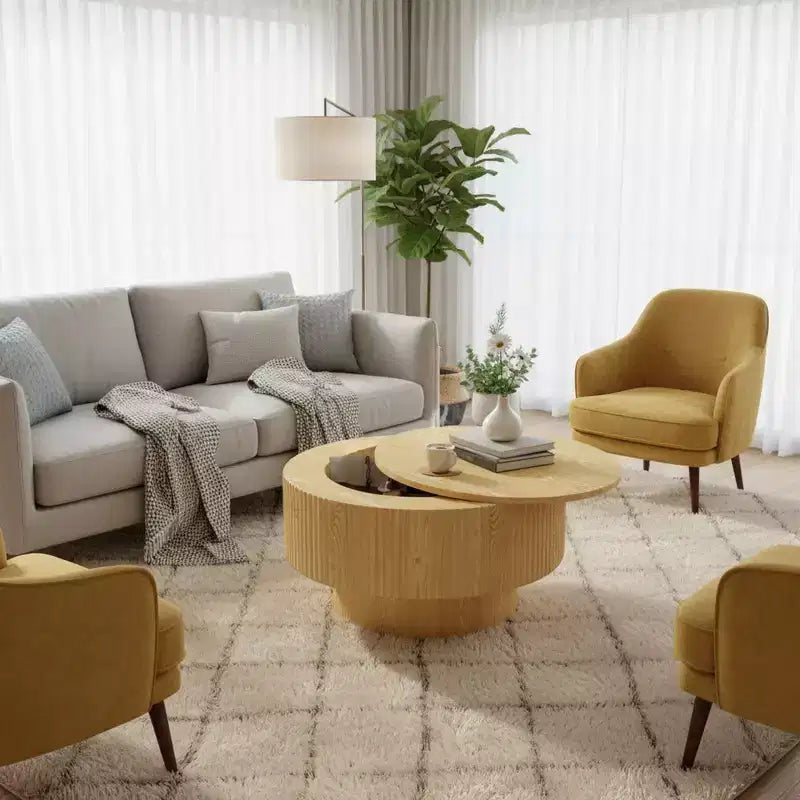 FurnitureR Round Coffee Table with Hidden Storage, 29.5 MDF Wood Accent Table with Removable Top, Modern Living Room Center Table for Small Spaces