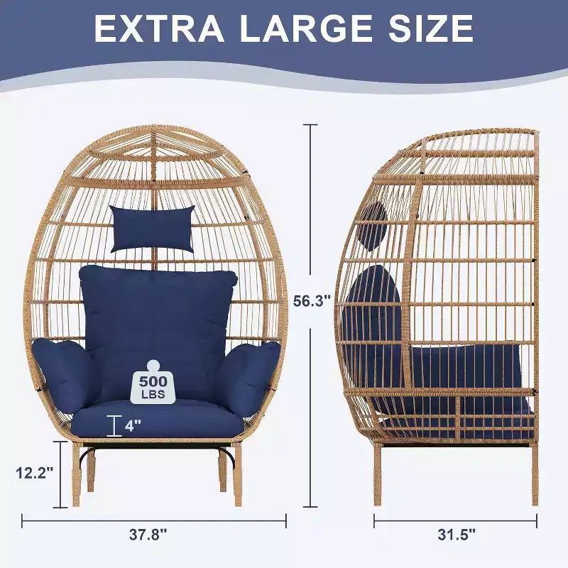 Wicker Egg Chair,Oversized Indoor Outdoor Lounger for Patio,500 Lbs Capacity, for Patio, Backyard, Living Room,Steel Frame