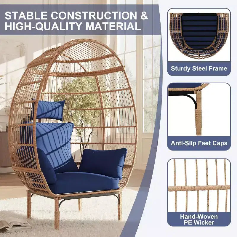 Wicker Egg Chair,Oversized Indoor Outdoor Lounger for Patio,500 Lbs Capacity, for Patio, Backyard, Living Room,Steel Frame
