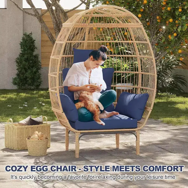 Wicker Egg Chair,Oversized Indoor Outdoor Lounger for Patio,500 Lbs Capacity, for Patio, Backyard, Living Room,Steel Frame