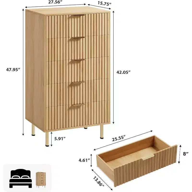 Acekool 5 Drawer Dresser, 48 Tall Modern Fluted Chest with Deep Wide Storage for Bedroom, Living Room, Hallway, Kids Room