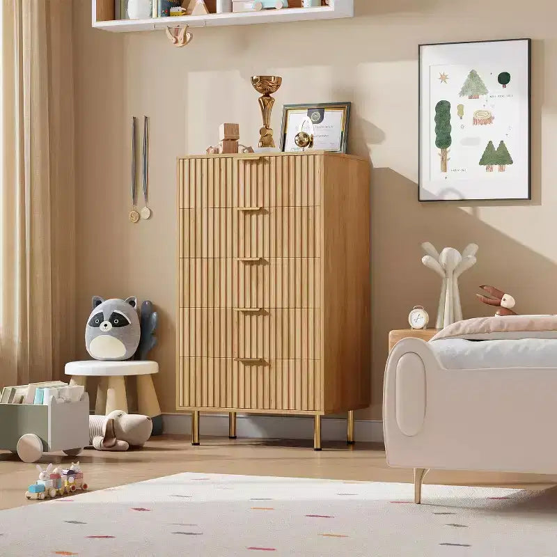 Acekool 5 Drawer Dresser, 48 Tall Modern Fluted Chest with Deep Wide Storage for Bedroom, Living Room, Hallway, Kids Room
