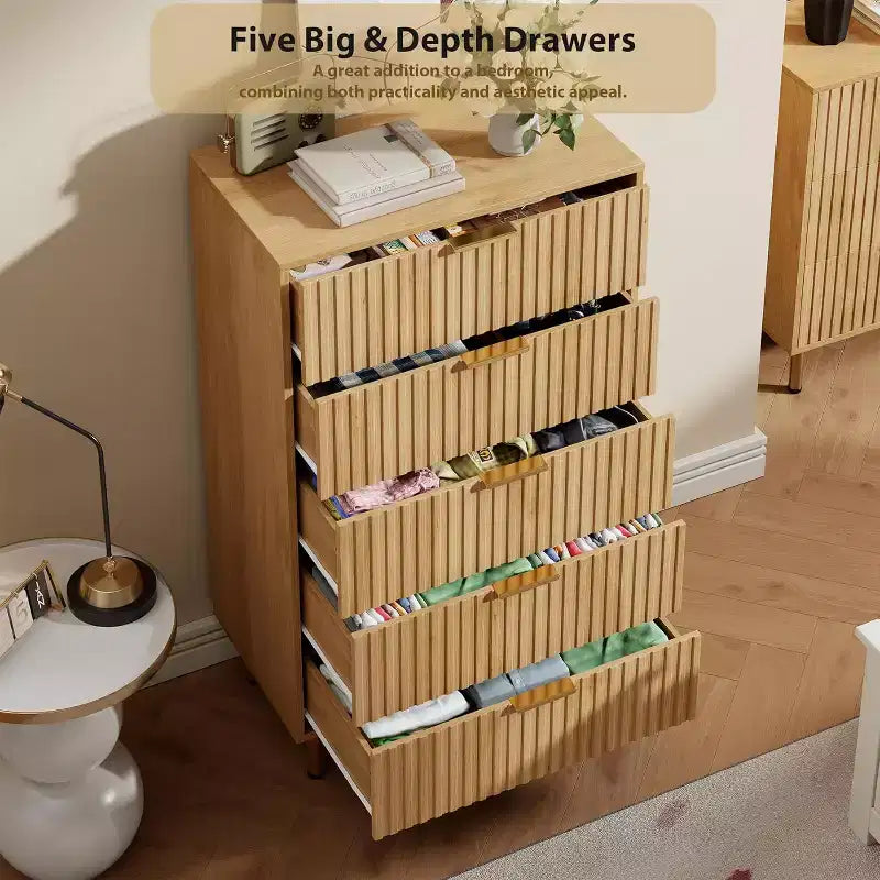 Acekool 5 Drawer Dresser, 48 Tall Modern Fluted Chest with Deep Wide Storage for Bedroom, Living Room, Hallway, Kids Room