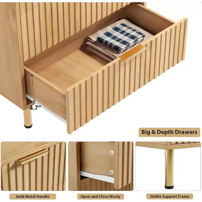 Acekool 5 Drawer Dresser, 48 Tall Modern Fluted Chest with Deep Wide Storage for Bedroom, Living Room, Hallway, Kids Room