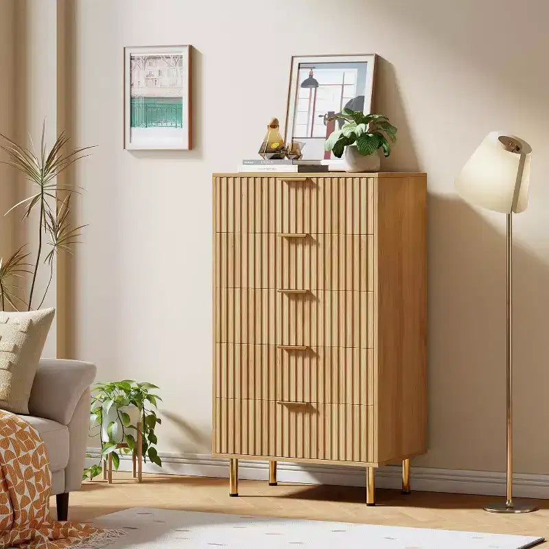 Acekool 5 Drawer Dresser, 48 Tall Modern Fluted Chest with Deep Wide Storage for Bedroom, Living Room, Hallway, Kids Room